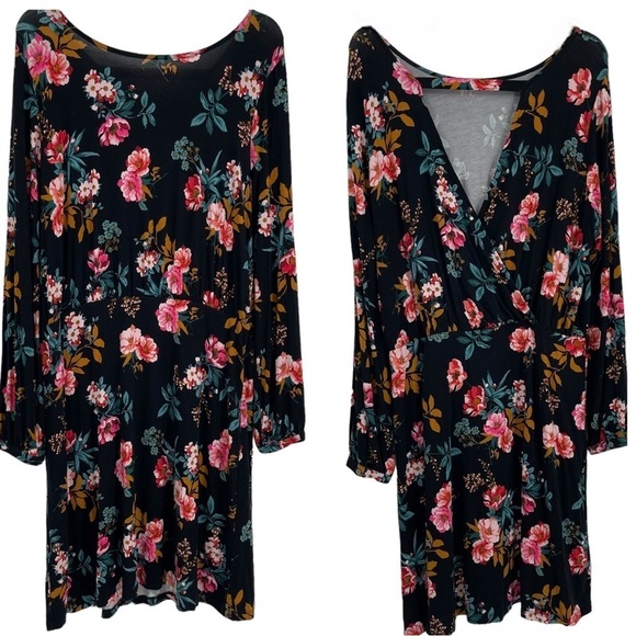 Ann Taylor LOFT NWT Women Black Floral Dress Size 14 Deep-v Back Long Sleeves - Picture 1 of 12